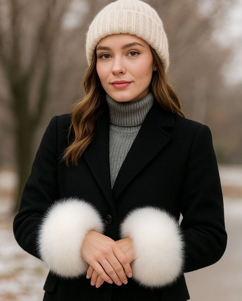 White Elegant Faux Fur Cuffed Sleeve Arm Warmers-One Size - Picture 6 of 6